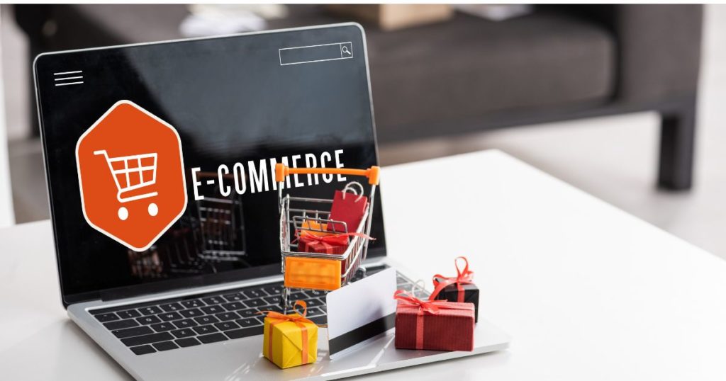 Top e-commerce tips, laptop with gift boxes.
