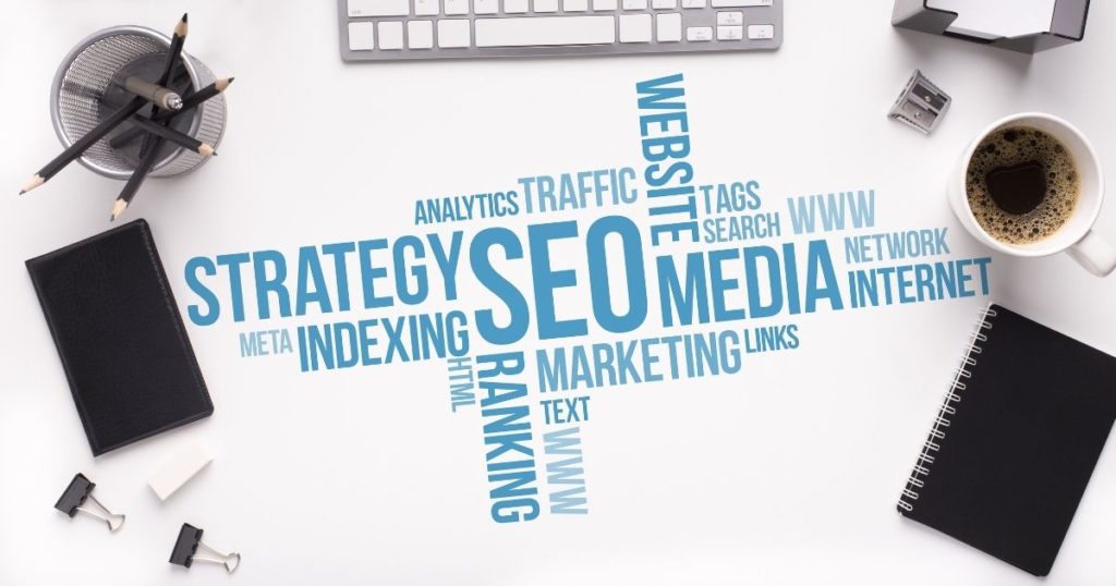 A board with different SEO best practices and marketing strategies written on it.
