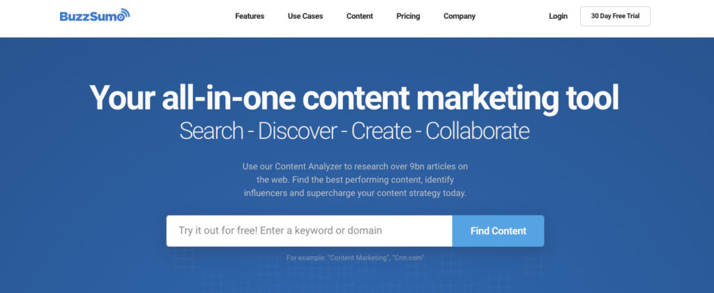The landing page of social media management tool BuzzSumo.