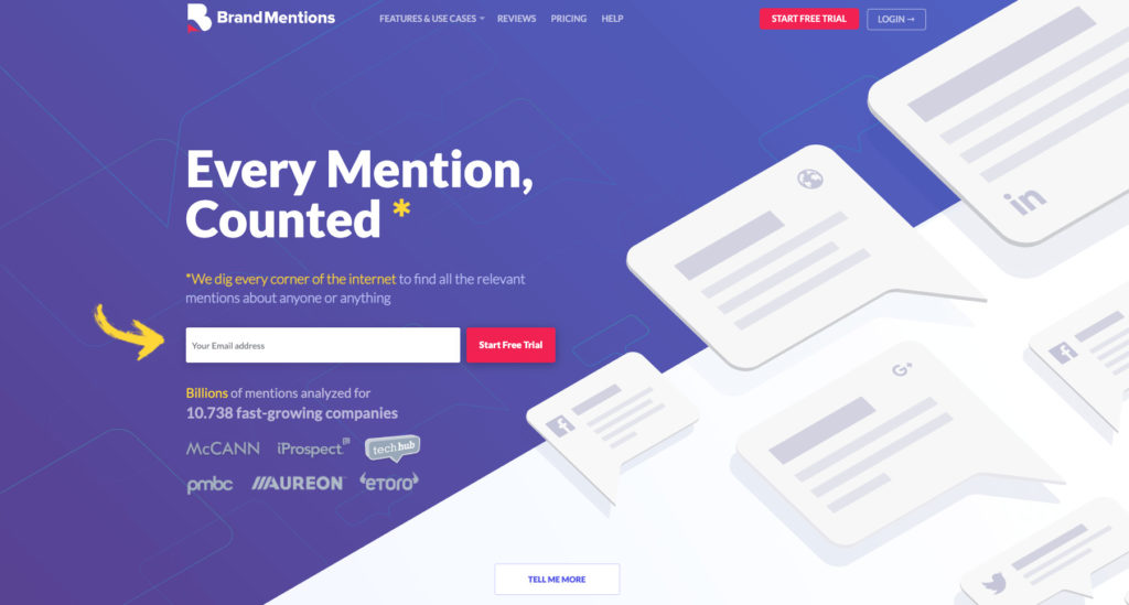 The landing page of BrandMentions.