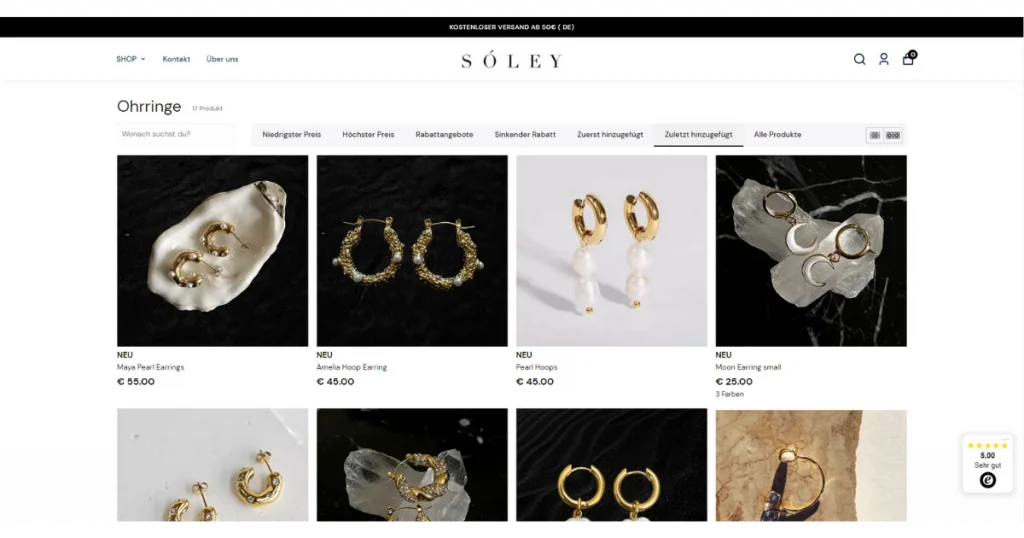 Screenshot Sóley Onlineshop Produktseite