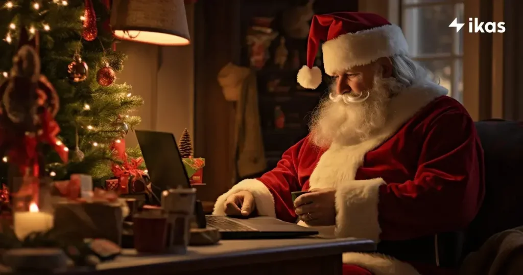 Der Weihnachtsmann verschickt geschäftliche Weihnachtsgrüße am PC