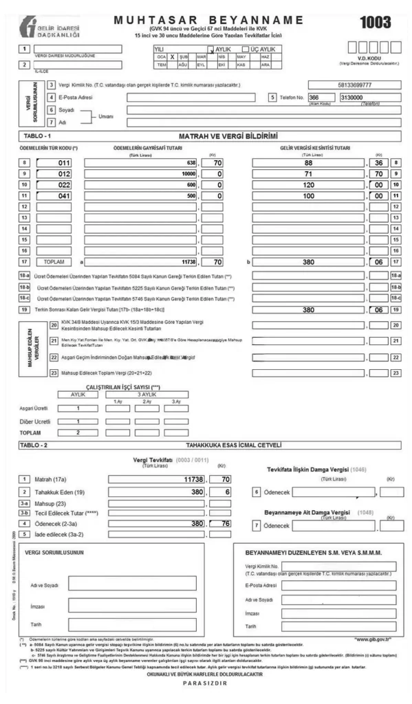 Muhtasar Beyanname Örneği